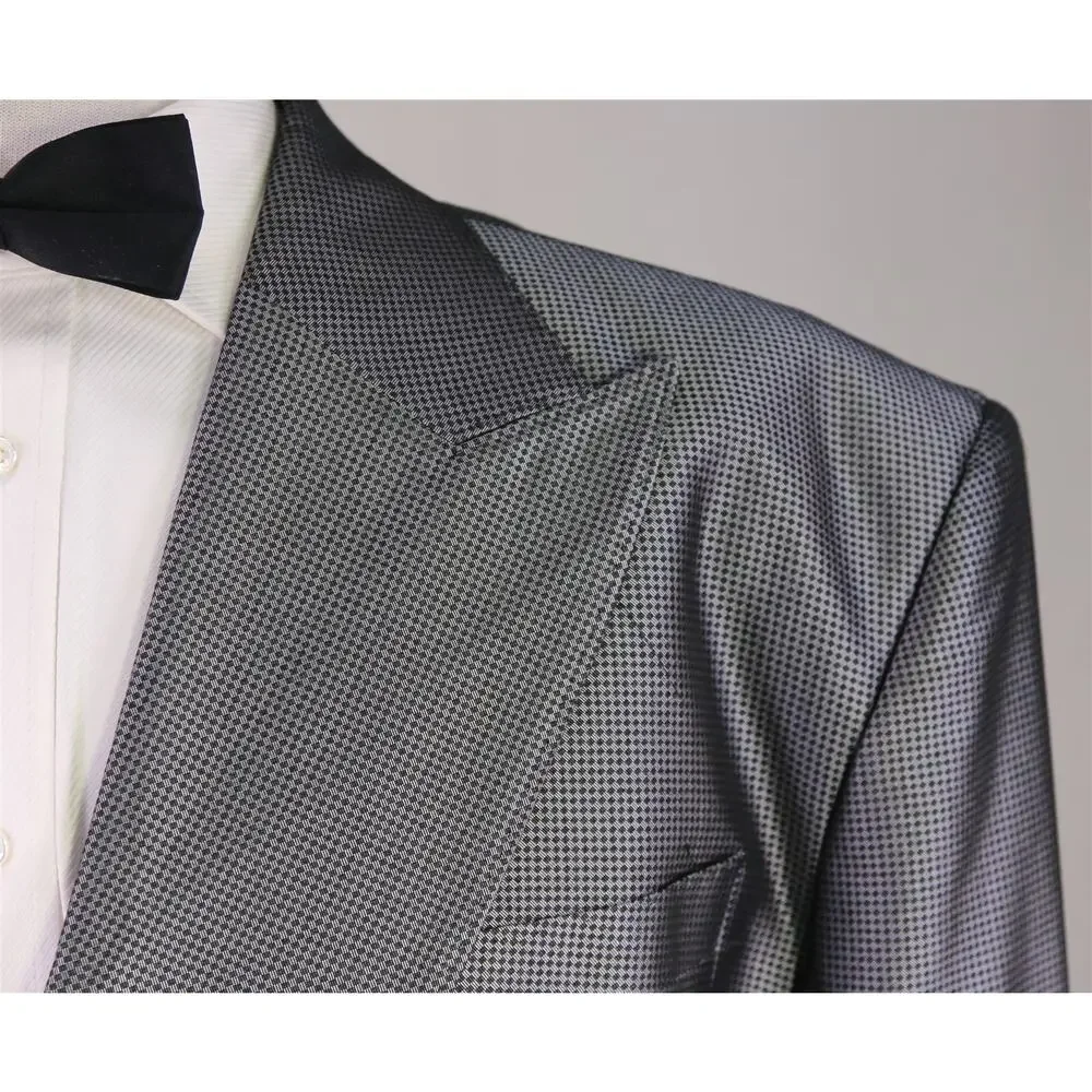 Sidohr Silver Check Silk Double Breasted Formal Masquerade Suit Handmade 44XL